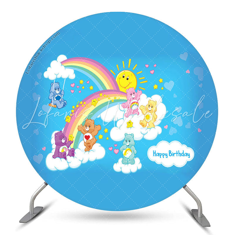 Lofaris Rainbow Bears Blue Happy Birthday Round Backdrop