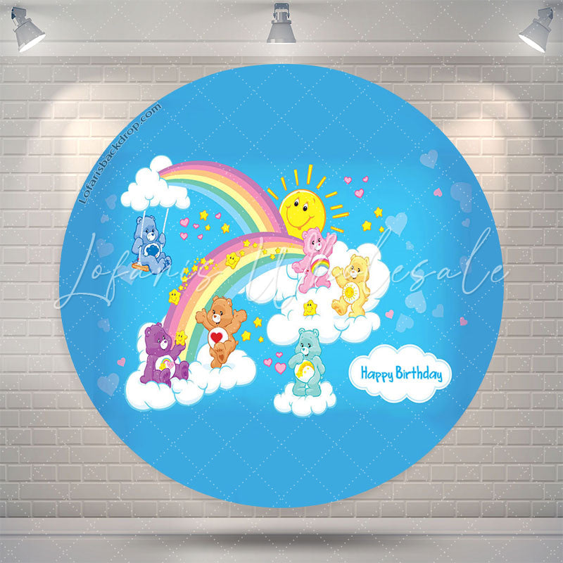 Lofaris Rainbow Bears Blue Happy Birthday Round Backdrop