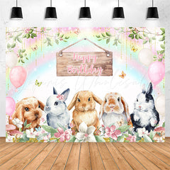 Lofaris Rainbow Bunny Floral Balloon Happy Birthday Backdrop