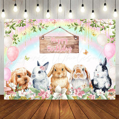 Lofaris Rainbow Bunny Floral Balloon Happy Birthday Backdrop