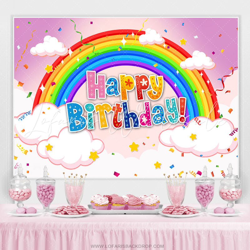 Lofaris Rainbow Cloud Confetti Pink Happy Birthday Backdrop