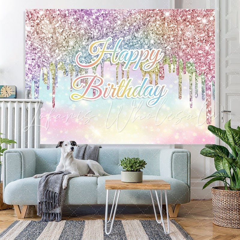 Lofaris Rainbow Colored Glitter Bokeh Happy Birthday Backdrop