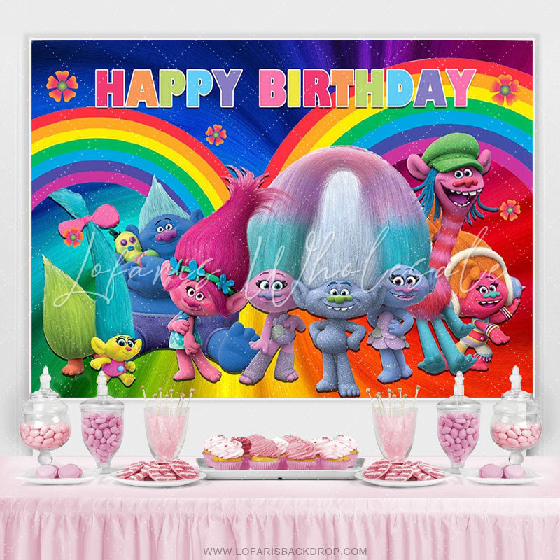 Lofaris Rainbow Colorful Trolls Poppy Happy Birthday Backdrop