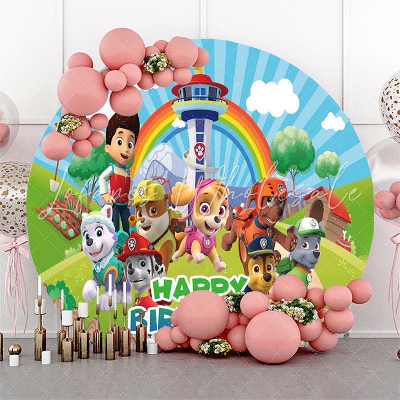 Lofaris Rainbow Dogs Lighthouse Happy Birthday Round Backdrop