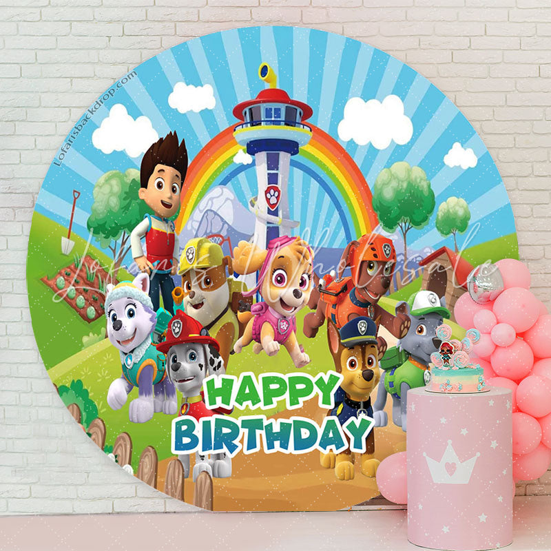 Lofaris Rainbow Dogs Lighthouse Happy Birthday Round Backdrop