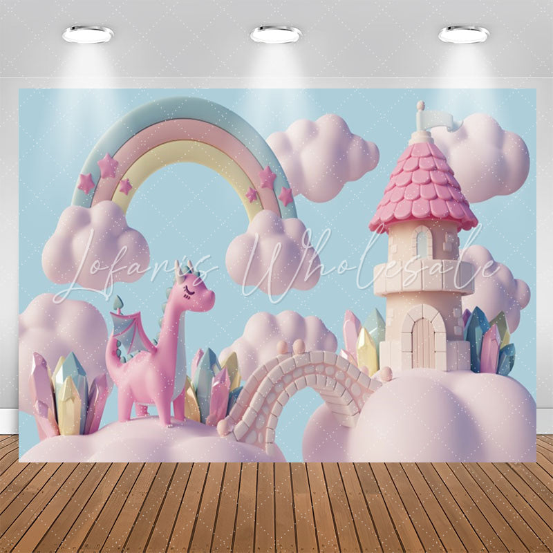 Lofaris Rainbow Pink Cloud Castle Birthday Backdrop For Girl