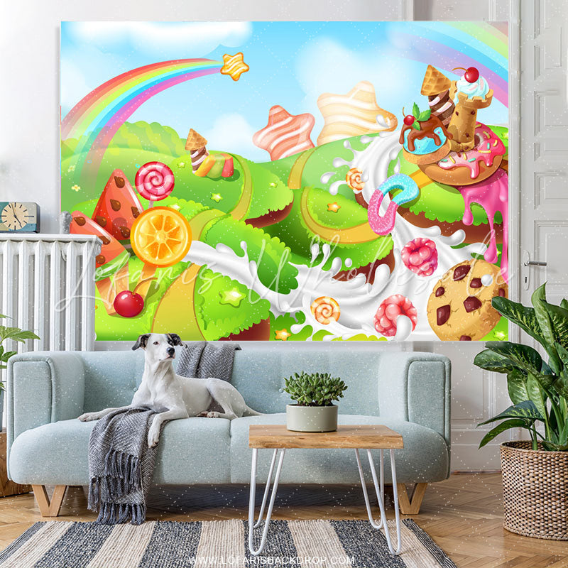 Lofaris Rainbow Star Candyland Happy Birthday Backdrop