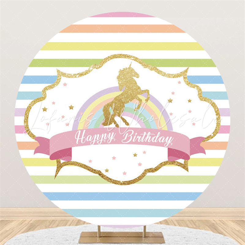 Lofaris Rainbow Stripe Gold Horse Happy Birthday Round Backdrop