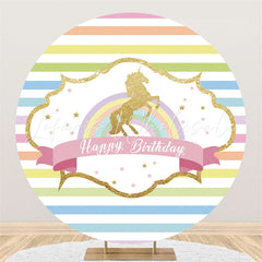 Lofaris Rainbow Stripe Gold Horse Happy Birthday Round Backdrop