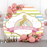 Lofaris Rainbow Stripe Gold Horse Happy Birthday Round Backdrop
