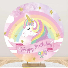 Lofaris Rainbow Unicorn Gold Star Round Birthday Backdrop
