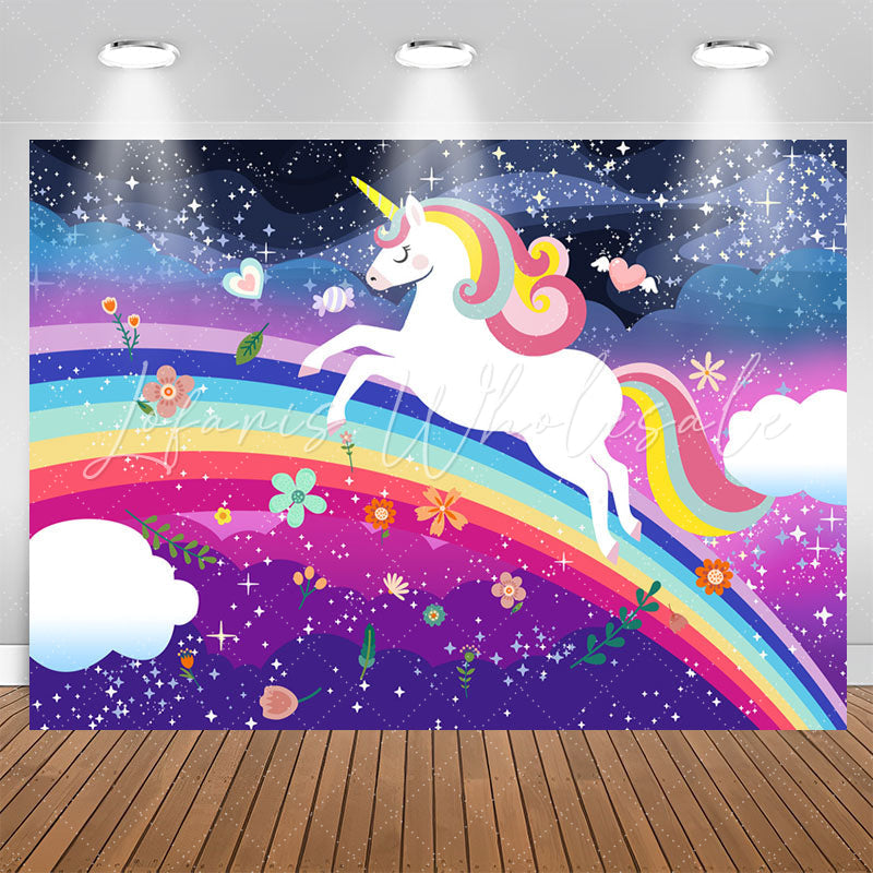 Lofaris Rainbow Unicorn Night Glitter Birthday Party Backdrop