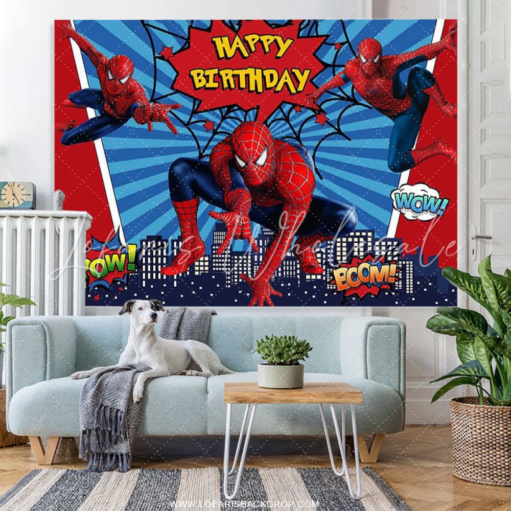 Lofaris Red And Blue Cartoon Super Hero Happy Birthday Backdrop
