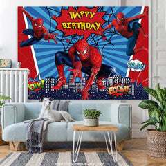Lofaris Red And Blue Cartoon Super Hero Happy Birthday Backdrop