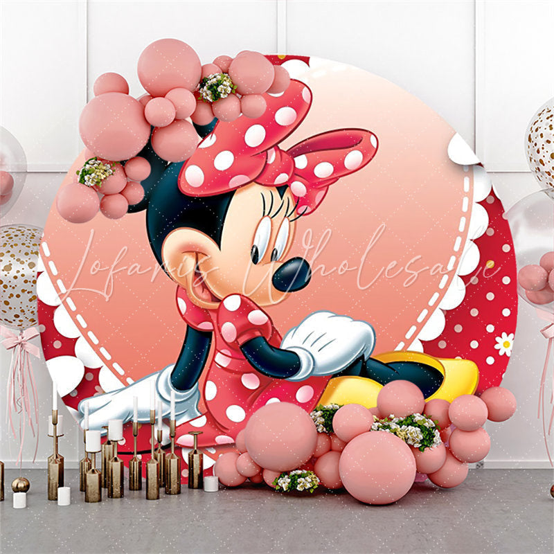 Lofaris Red And White Cartoon Mouse Round Birthday Backdrop