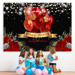Lofaris Red Balloon Rose Happy Birthday Gold Glitter Lights Black Backdrop