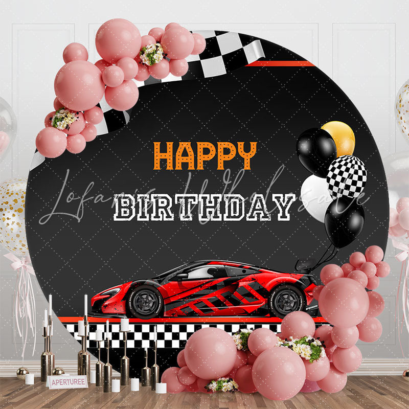 Lofaris Red Black Car Balloons Round Happy Birthday Backdrop