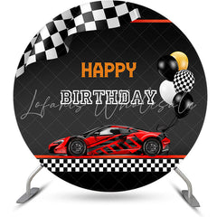 Lofaris Red Black Car Balloons Round Happy Birthday Backdrop