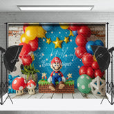 Red Blue Balloons Mushroom Mario Cake Smash Backdrop