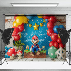 Red Blue Balloons Mushroom Mario Cake Smash Backdrop