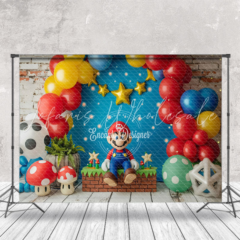 Red Blue Balloons Mushroom Mario Cake Smash Backdrop