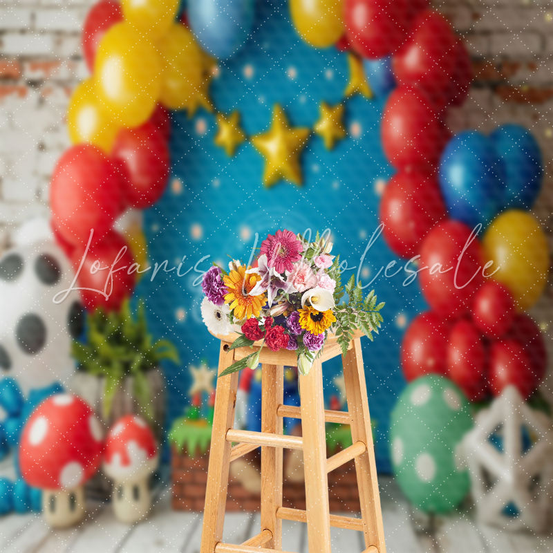 Red Blue Balloons Mushroom Mario Cake Smash Backdrop