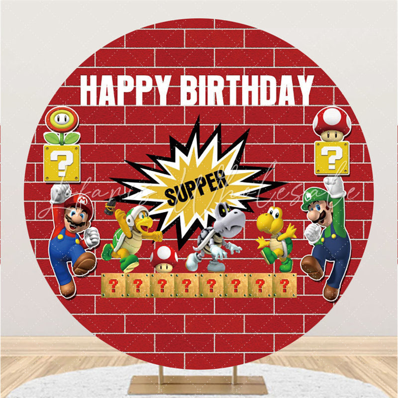 Lofaris Red Bricks And Cartoon Games Round Birthday Backdrop