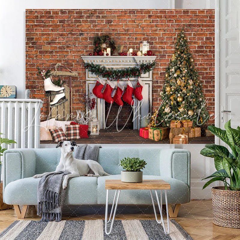 Lofaris Red Bricks And Christmas Stocks Hanging Out Backdrop