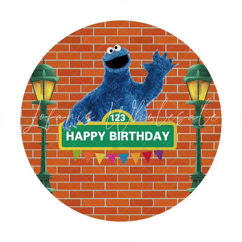 Lofaris Red Brown Bricks Round Blue Cartoon Doll Birthday Backdrop