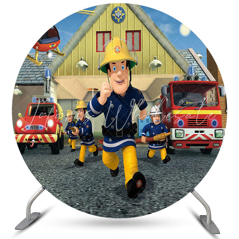 Lofaris Red Car And Cartoon Police Round Happy Birthday Backdrop