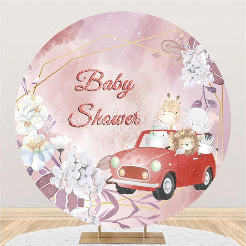 Lofaris Red Car And Floral Round Animal Baby Shower Backdrop
