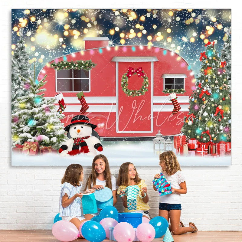 Lofaris Red Car Christmas Tree Snowman Bokeh Backdrop for Party