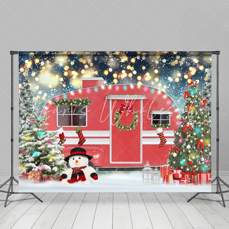 Lofaris Red Car Christmas Tree Snowman Bokeh Backdrop for Party