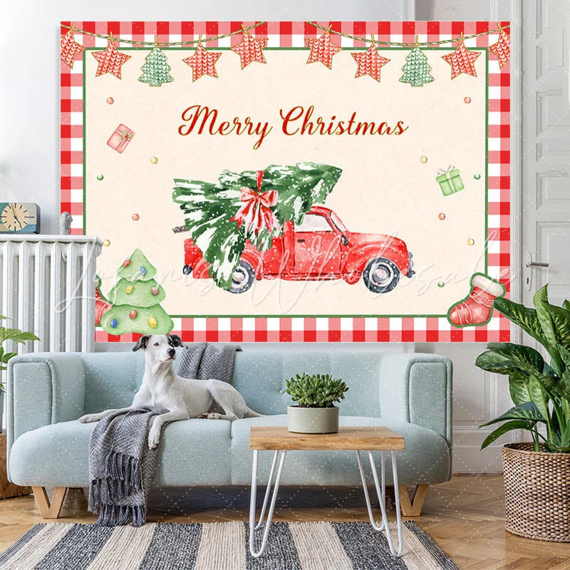 Lofaris Red Car with A Christmas Tree Party Backdrop