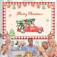 Lofaris Red Car with A Christmas Tree Party Backdrop