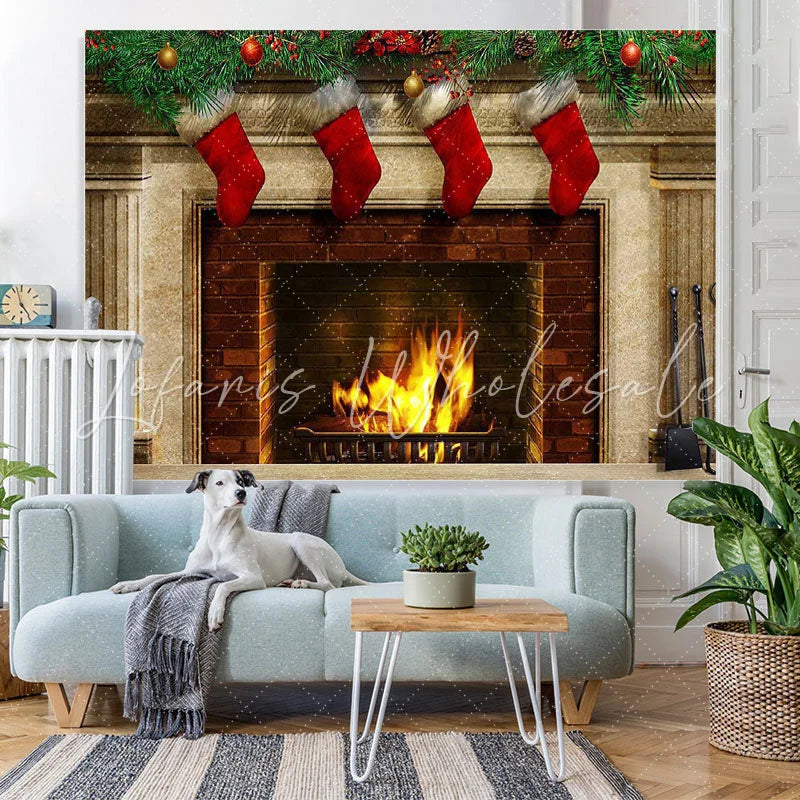 Lofaris Red Christmas stockings fireplace Photoshoot backdrop