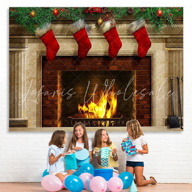 Lofaris Red Christmas stockings fireplace Photoshoot backdrop