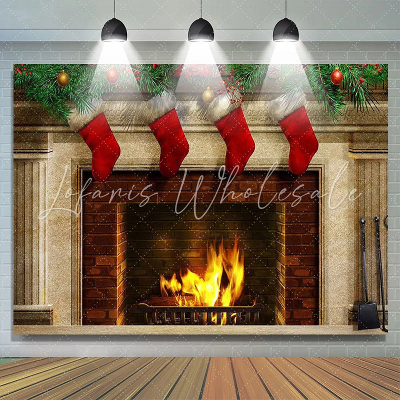Lofaris Red Christmas stockings fireplace Photoshoot backdrop