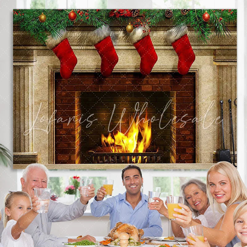Lofaris Red Christmas stockings fireplace Photoshoot backdrop