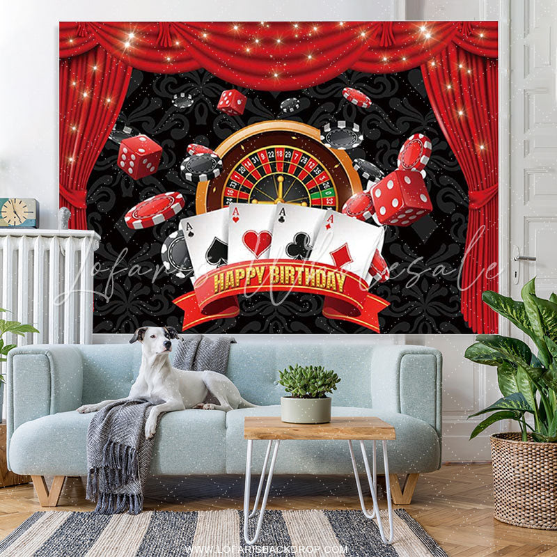 Lofaris Red Curtain Black Card Happy Birthday Backdrop For Party