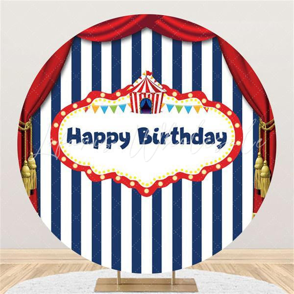 Lofaris Red Curtain Blue-White Stripe Birthday Round Backdrop