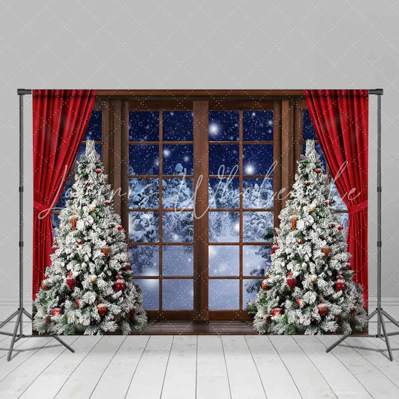 Lofaris Red Curtain Christmas Tree Door Snow Forest Backdrop
