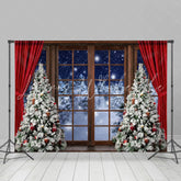 Lofaris Red Curtain Christmas Tree Door Snow Forest Backdrop