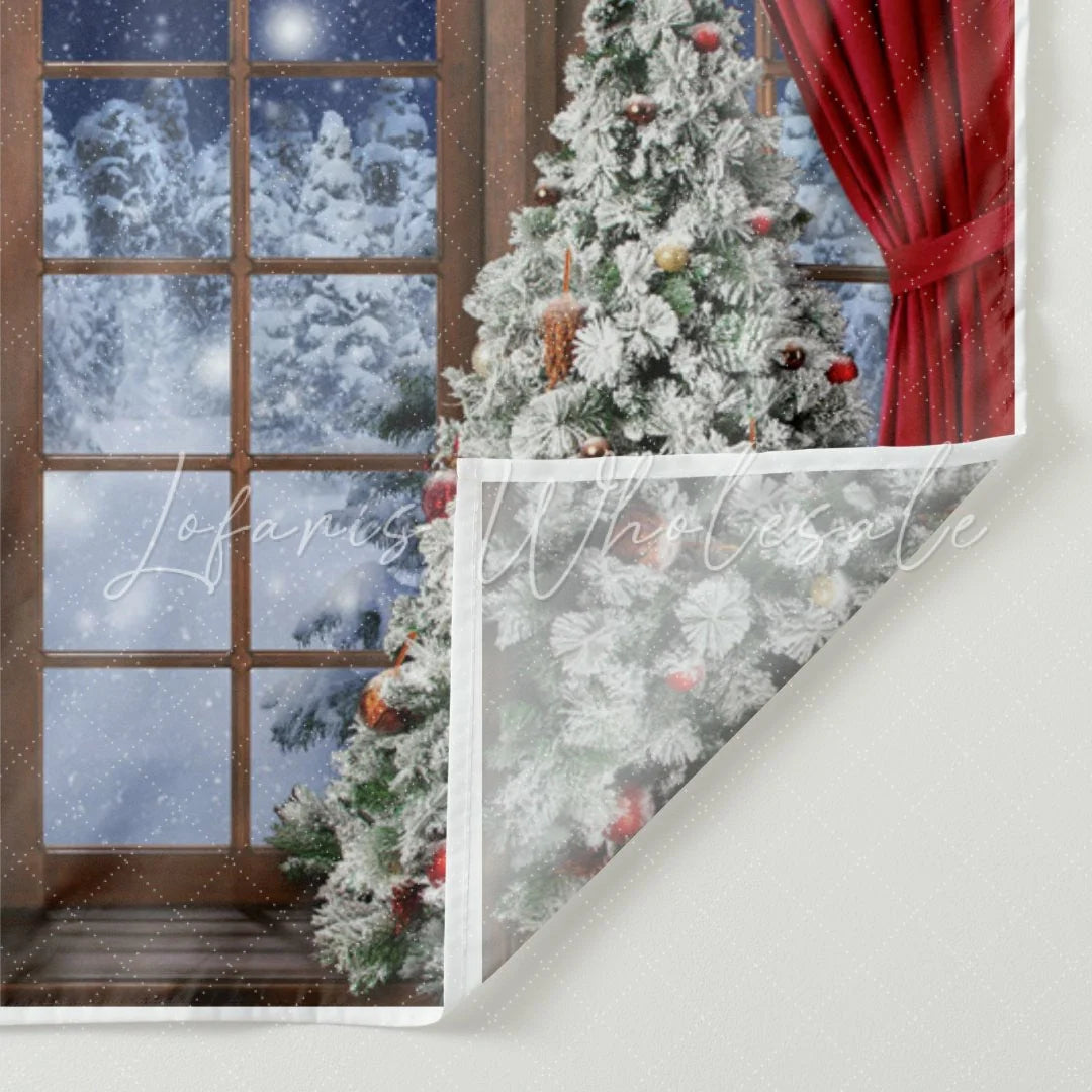 Lofaris Red Curtain Christmas Tree Door Snow Forest Backdrop