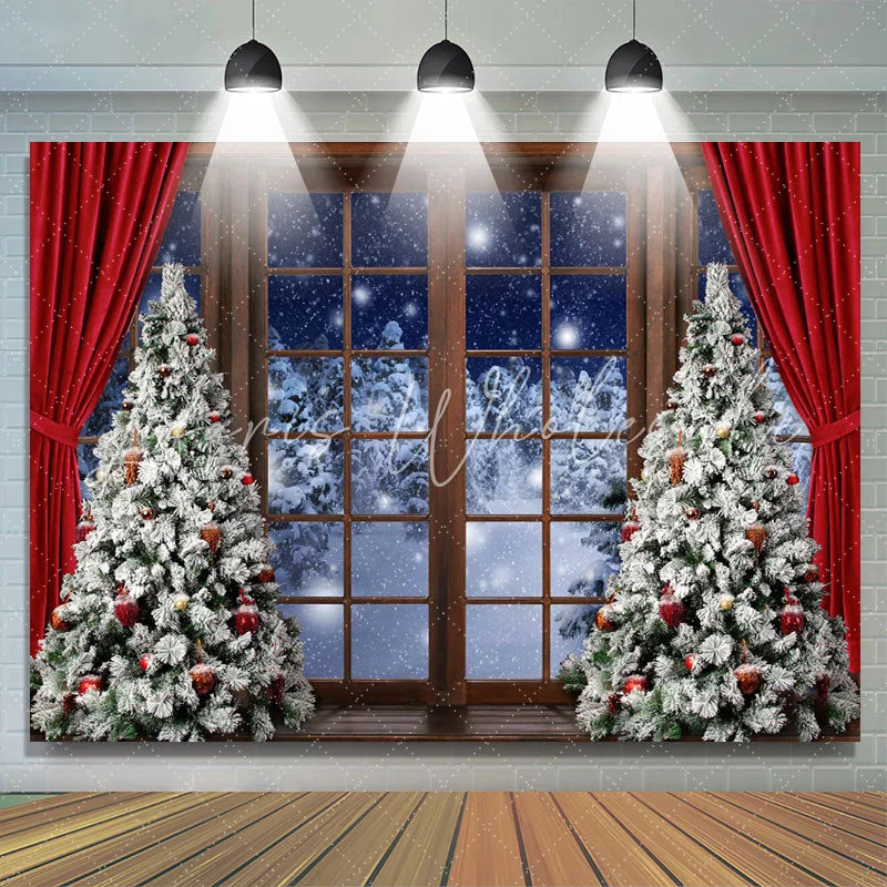 Lofaris Red Curtain Christmas Tree Door Snow Forest Backdrop