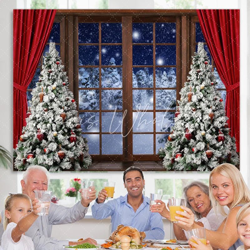 Lofaris Red Curtain Christmas Tree Door Snow Forest Backdrop