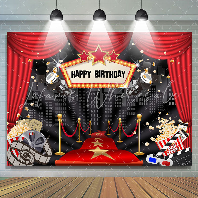 Lofaris Red Curtain High Builddings Night Birthday Backdrop