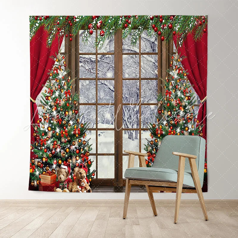 Lofaris Red Curtain Wood Windows Winter Merry Christmas Backdrop
