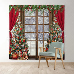 Lofaris Red Curtain Wood Windows Winter Merry Christmas Backdrop