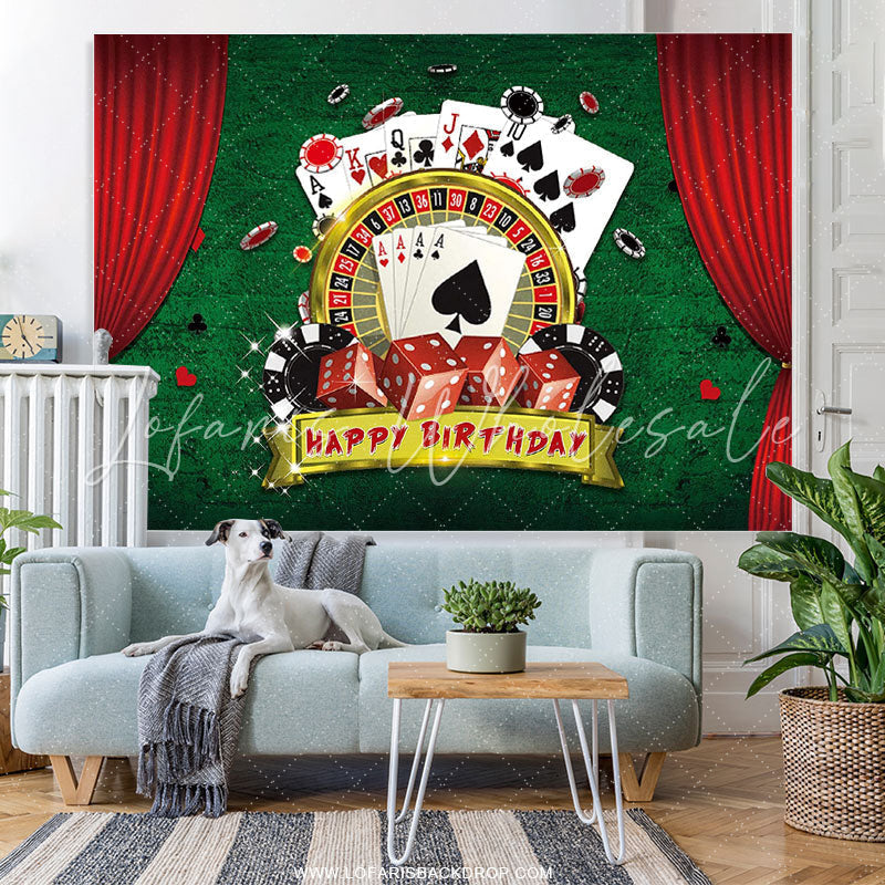 Lofaris Red Curtains Green Jackpot Happy Birthday Backdrop